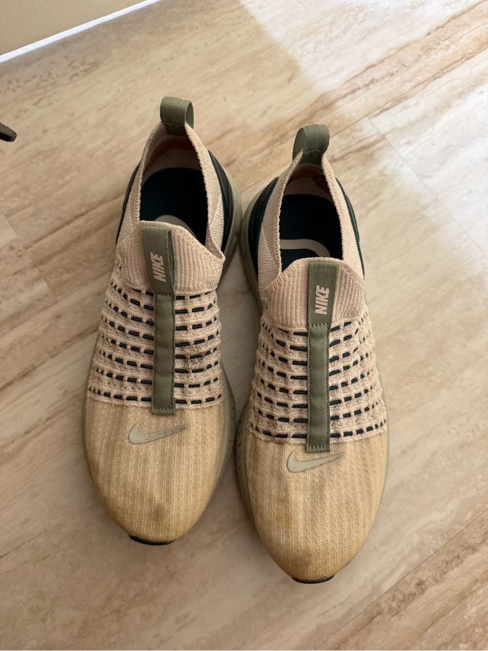 Nike Men’s Slip-On Knit Sneakers in Beige and Olive Drab